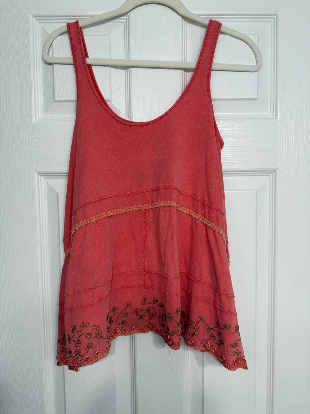 Free People Coral Pink Scoop Neck Embroidered Tank
